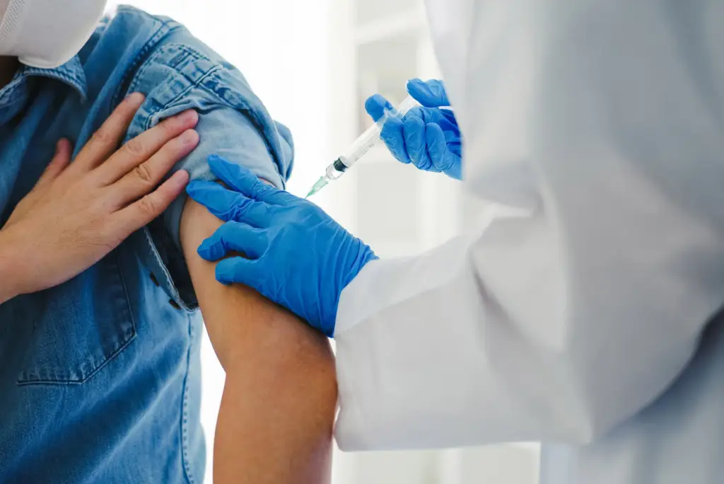 A healthcare worker administers a vaccine shot to a person's arm.