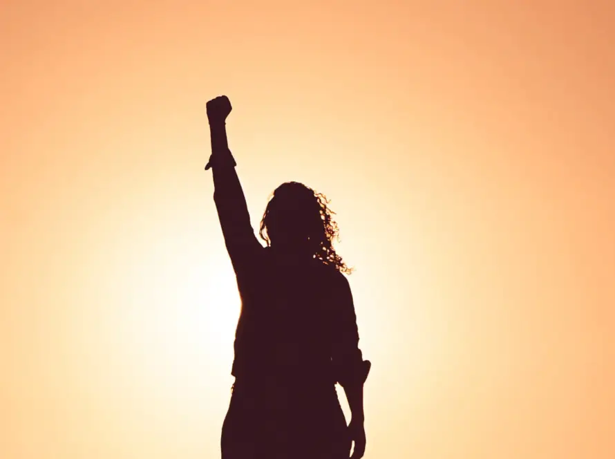 Silhouette of a person raising a fist against a warm sunset sky.