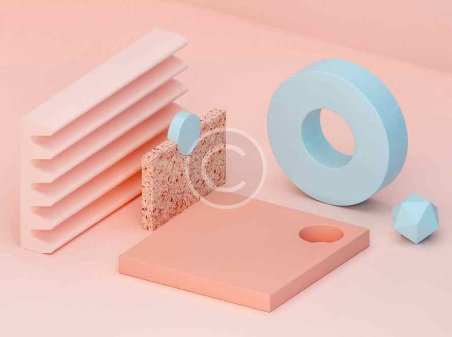Minimalist pastel pink and blue geometric shapes arranged artistically.