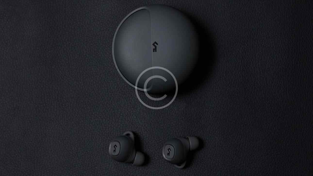 Black wireless earbuds with charging case on a dark background.