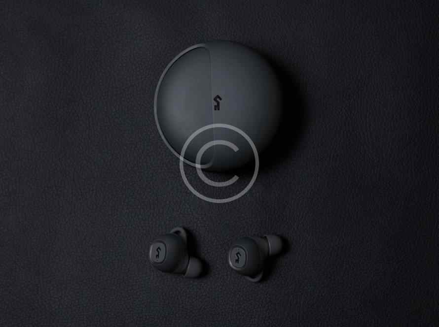 Black wireless earbuds with charging case on a dark background.