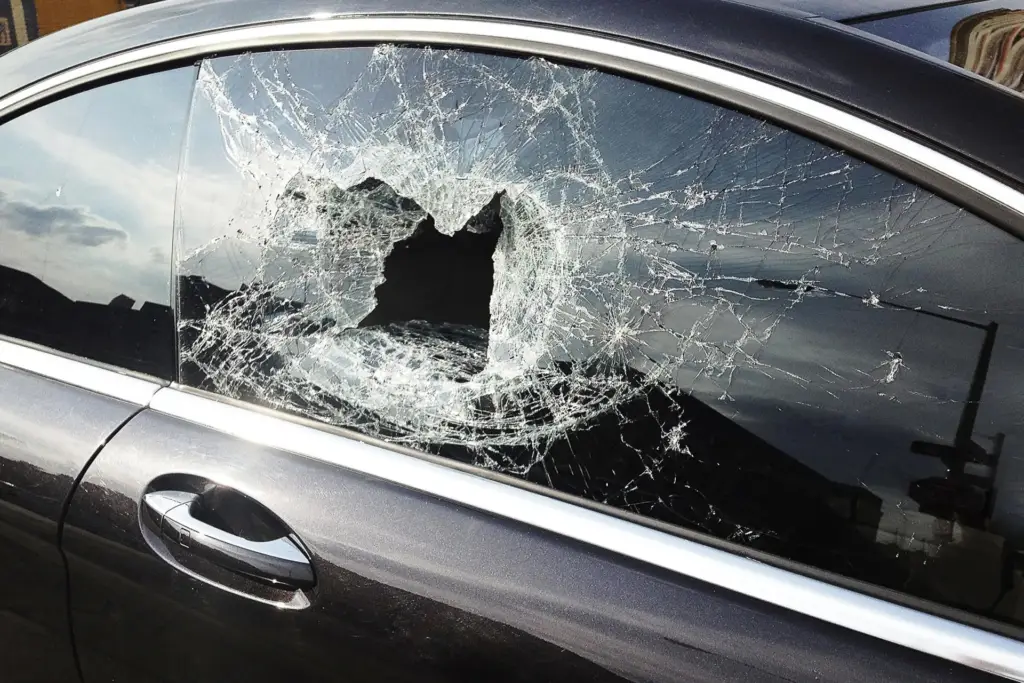 Car window shattered with a large hole in the glass.