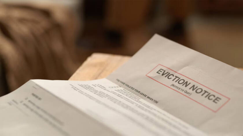 Close-up of an eviction notice letter on a wooden surface.