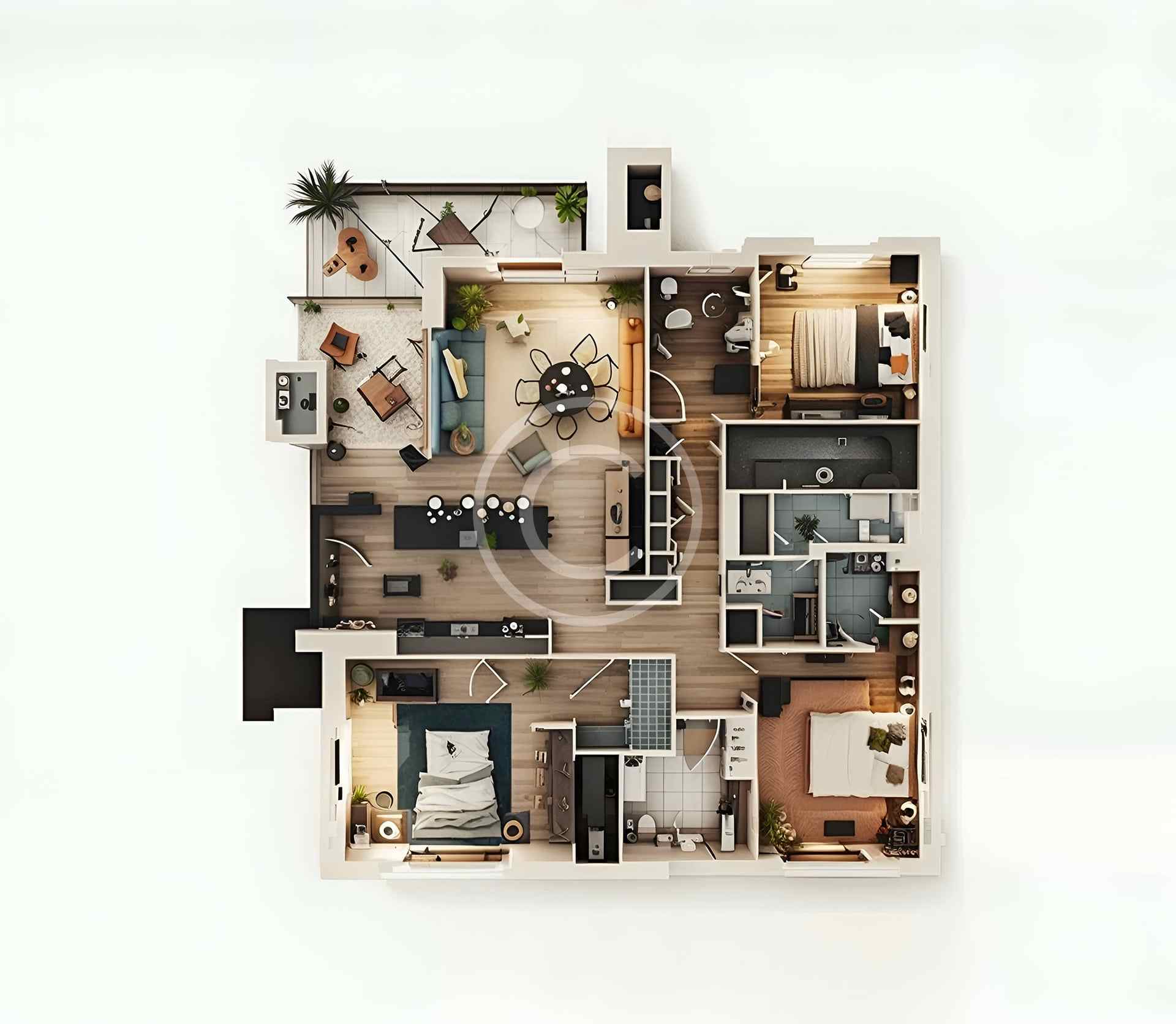 Top-down view of a modern three-bedroom apartment floor plan with open living spaces.