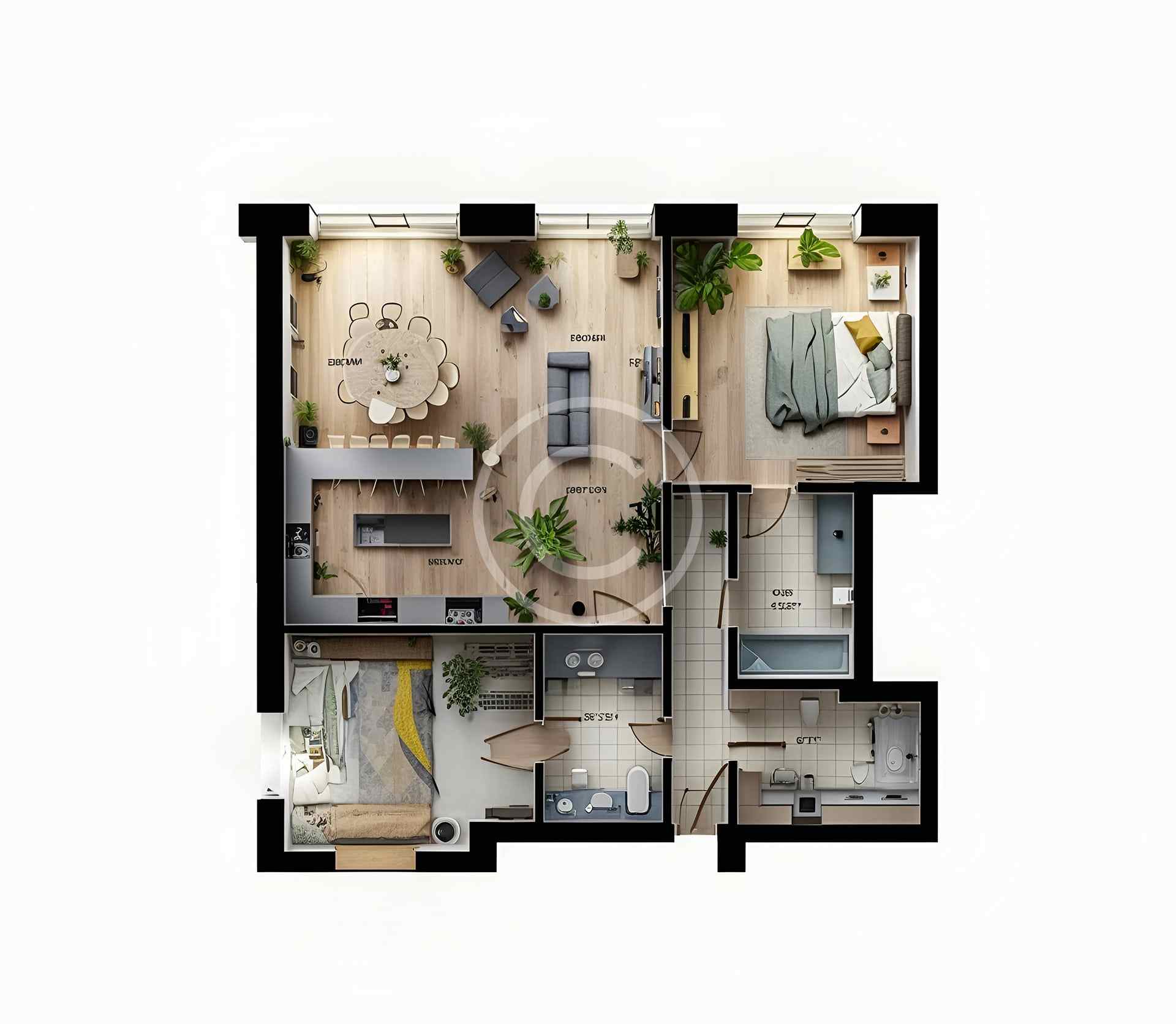 3D floor plan of a modern apartment with labeled rooms and furniture.