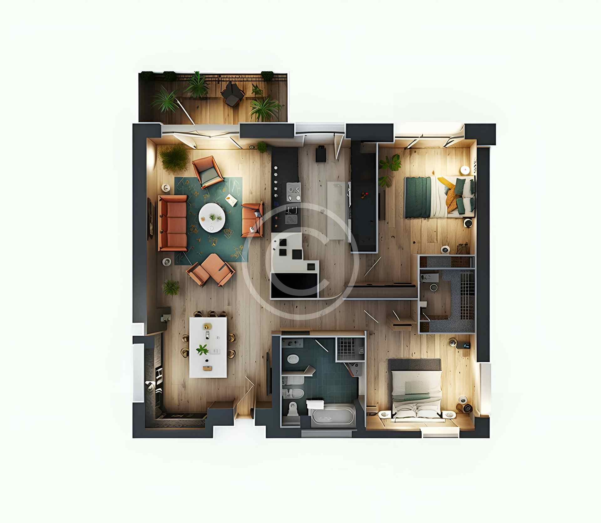 Top-down view of a modern two-bedroom apartment layout.