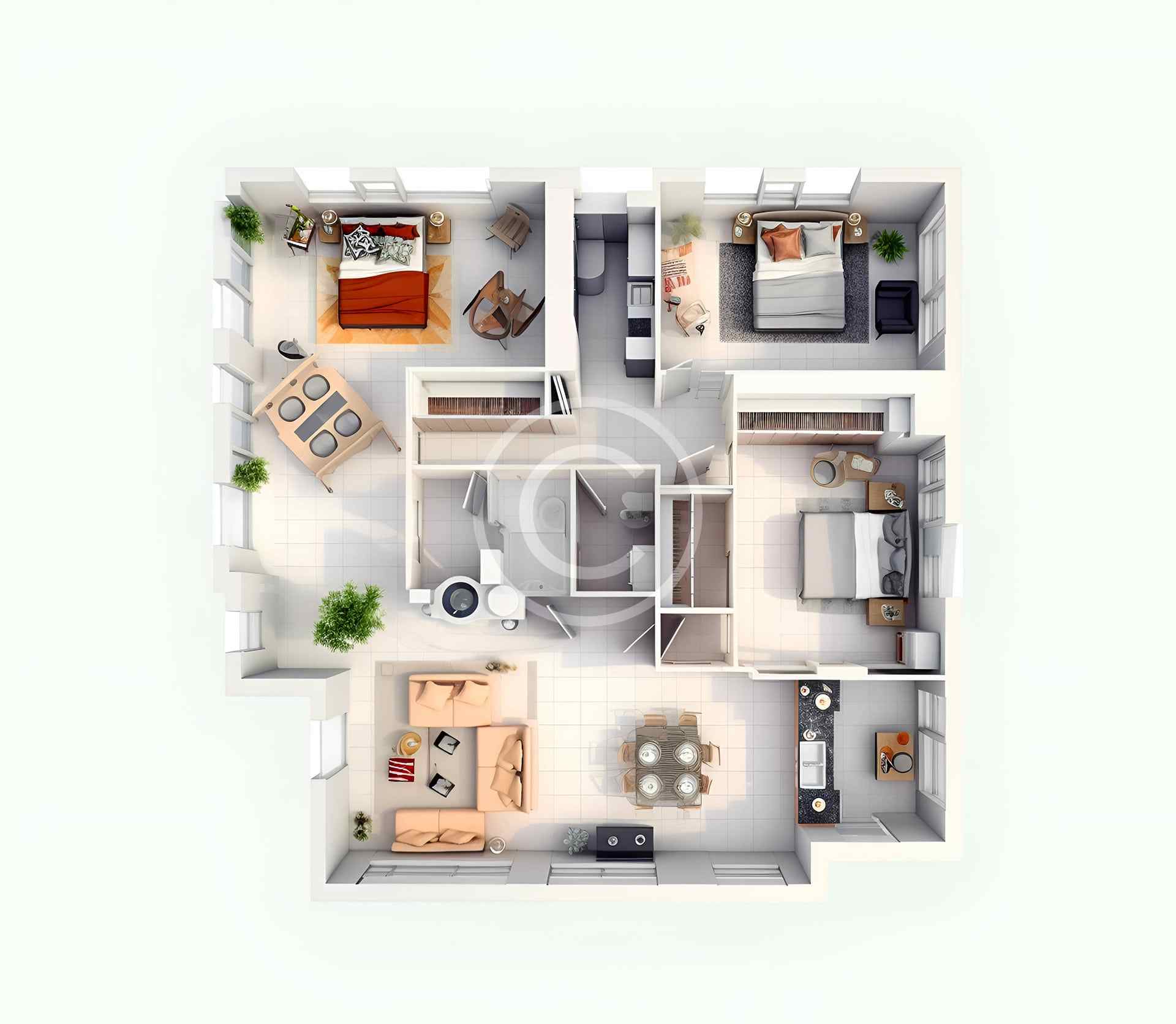 3D floor plan of a modern two-bedroom apartment with open living and dining areas.