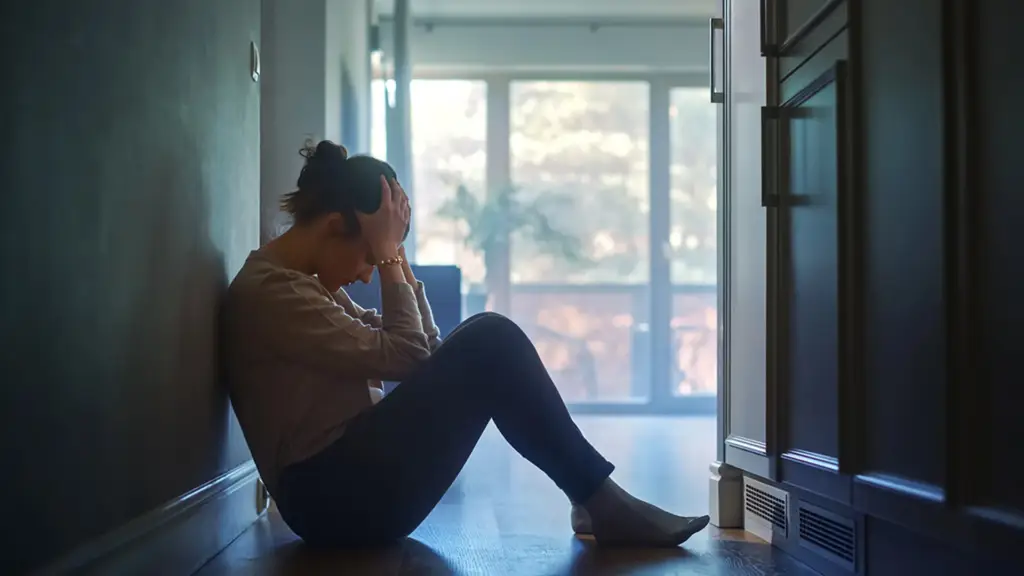 A person sitting on the floor, looking contemplative by a window.