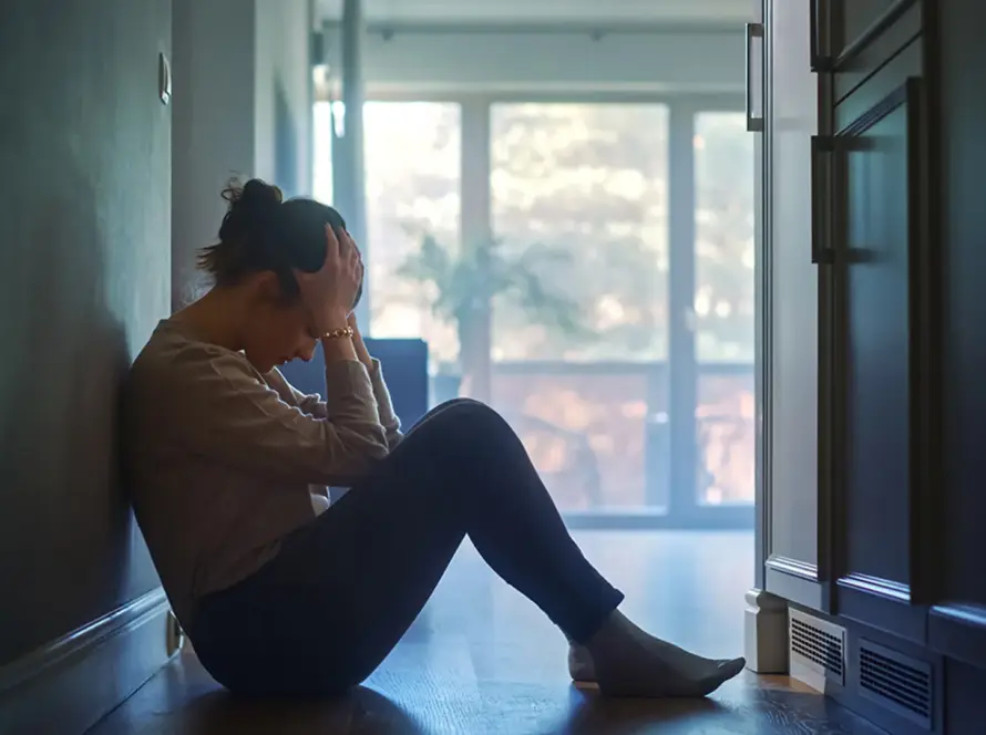A person sitting on the floor, looking contemplative by a window.