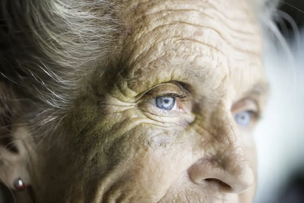 Close-up of an elderly person's face with blue eyes and wrinkles.