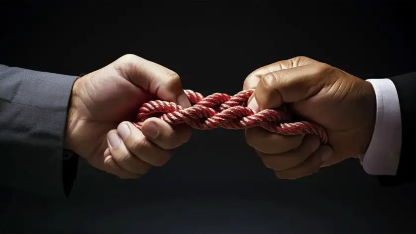 Two hands tightly pulling on a twisted red rope from opposite sides.