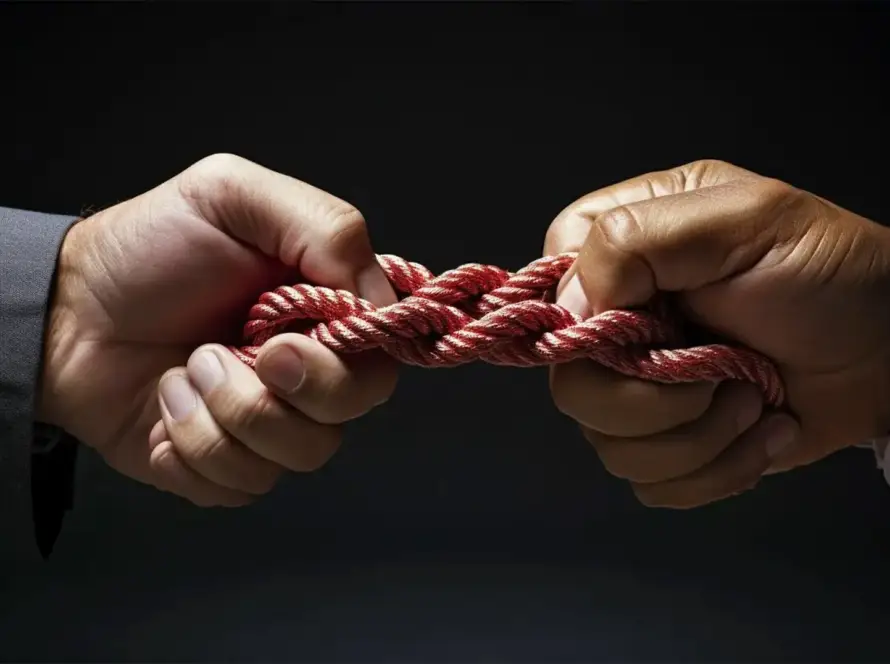Two hands tightly pulling on a twisted red rope from opposite sides.