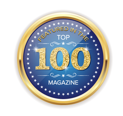 Gold and blue badge for Top 100 Magazine feature.
