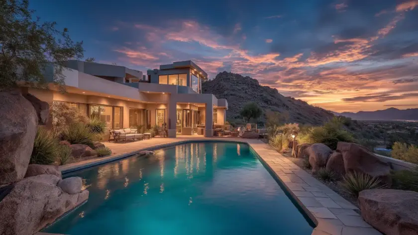 Luxurious house with a pool at sunset.