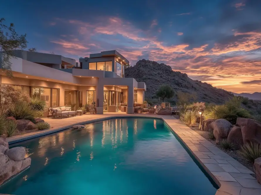 Luxurious house with a pool at sunset.