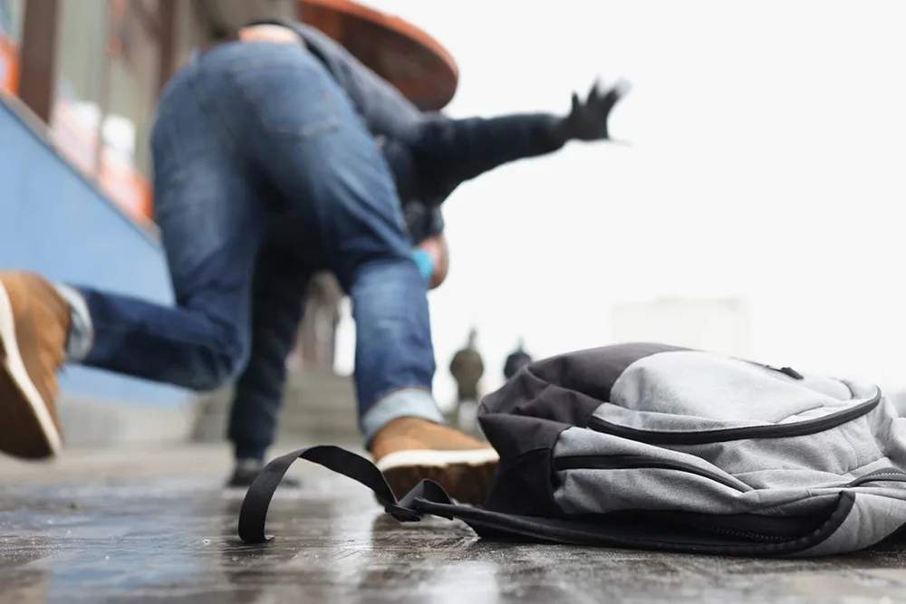 Person running or jumping near a backpack on the ground.