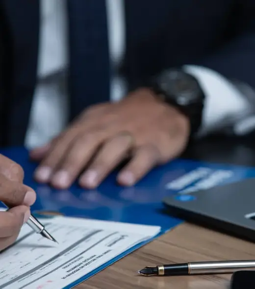 Person signing a document at a desk with a laptop and pen. Person signing a document at a desk with a laptop and pen.